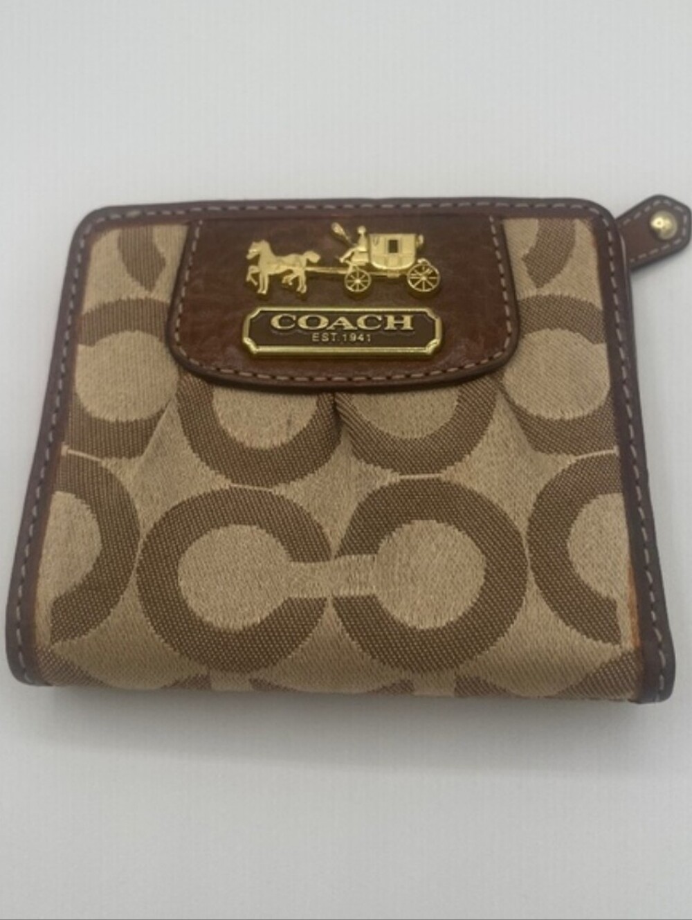 Coach Optic C Brown/Tan Signature Compact Wallet with Gold Accent EUC NO CALLOUT